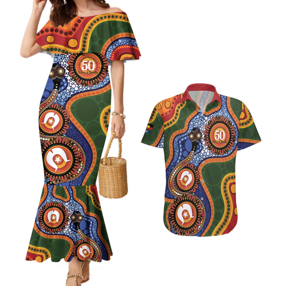 Australia NAIDOC Week 2026 Couples Matching Mermaid Dress and Hawaiian Shirt 50 Years of Deadly Dhari Snake Aboriginal Art