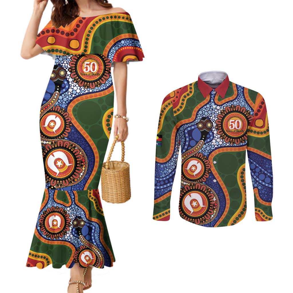 Australia NAIDOC Week 2026 Couples Matching Mermaid Dress and Long Sleeve Button Shirt 50 Years of Deadly Dhari Snake Aboriginal Art