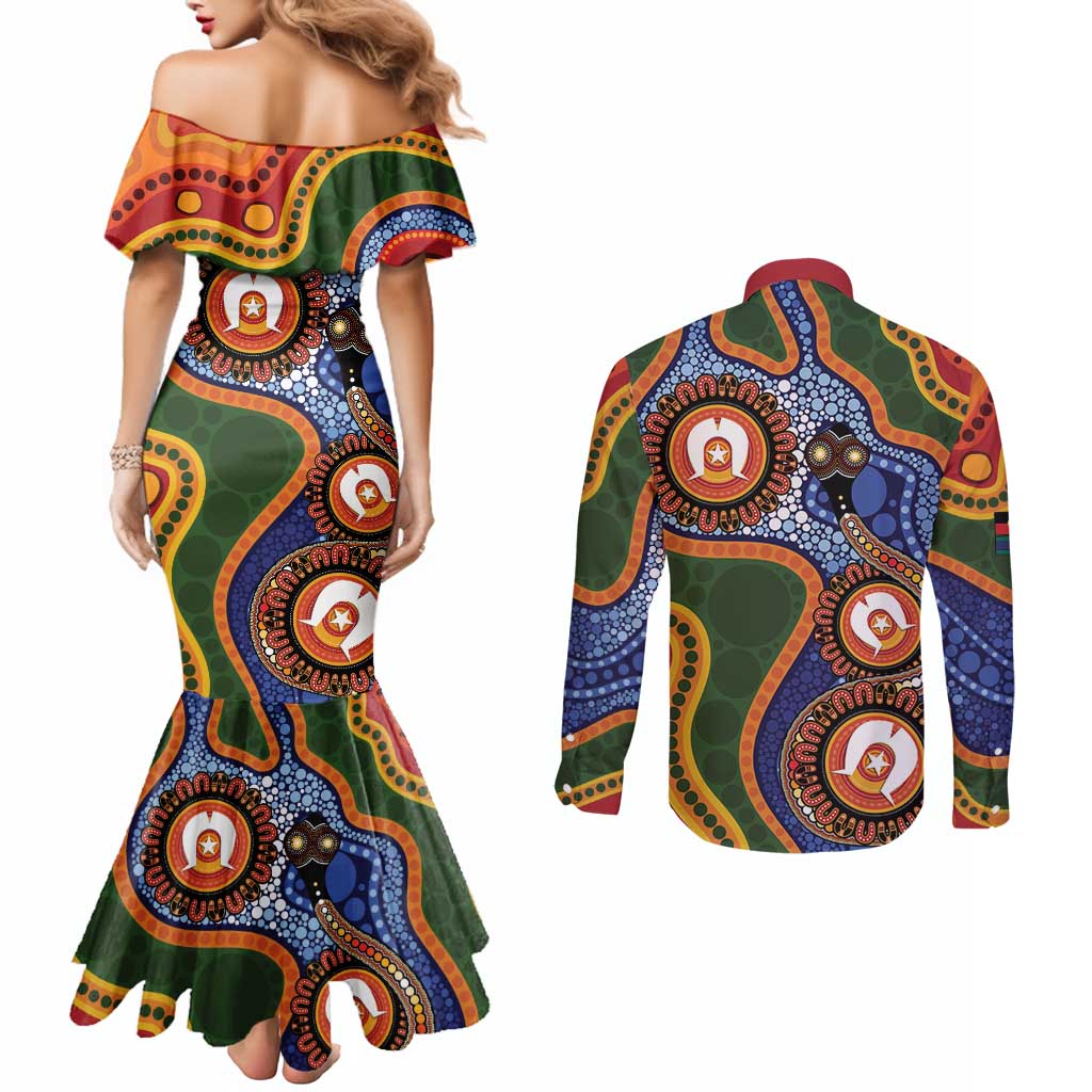 Australia NAIDOC Week 2026 Couples Matching Mermaid Dress and Long Sleeve Button Shirt 50 Years of Deadly Dhari Snake Aboriginal Art