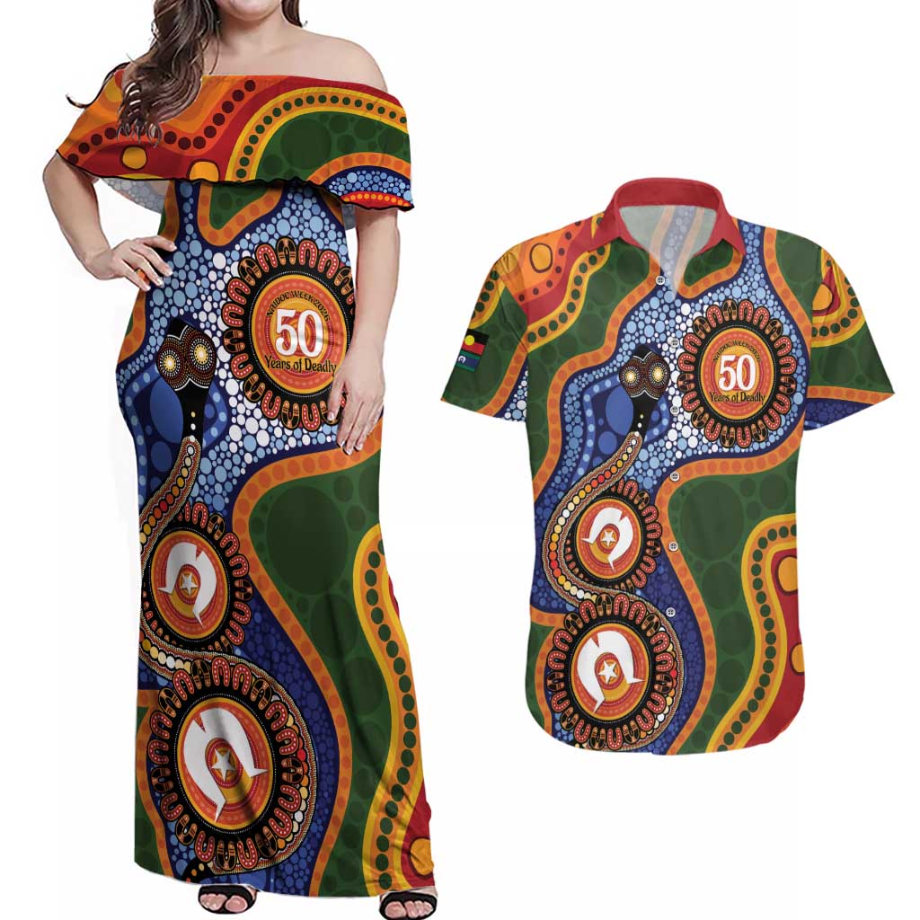 Australia NAIDOC Week 2026 Couples Matching Off Shoulder Maxi Dress and Hawaiian Shirt 50 Years of Deadly Dhari Snake Aboriginal Art