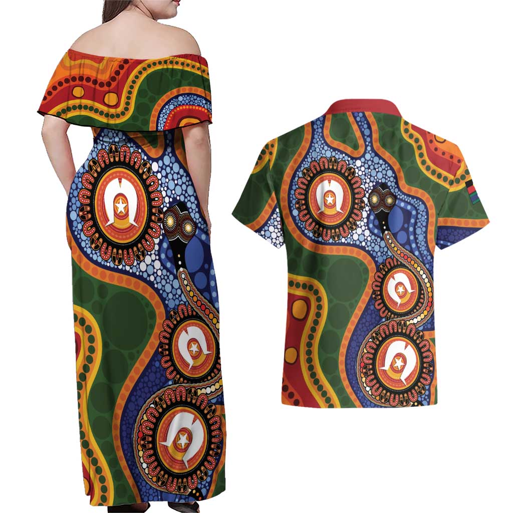 Australia NAIDOC Week 2026 Couples Matching Off Shoulder Maxi Dress and Hawaiian Shirt 50 Years of Deadly Dhari Snake Aboriginal Art