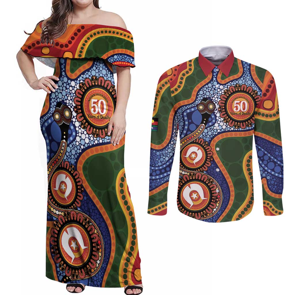 Australia NAIDOC Week 2026 Couples Matching Off Shoulder Maxi Dress and Long Sleeve Button Shirt 50 Years of Deadly Dhari Snake Aboriginal Art