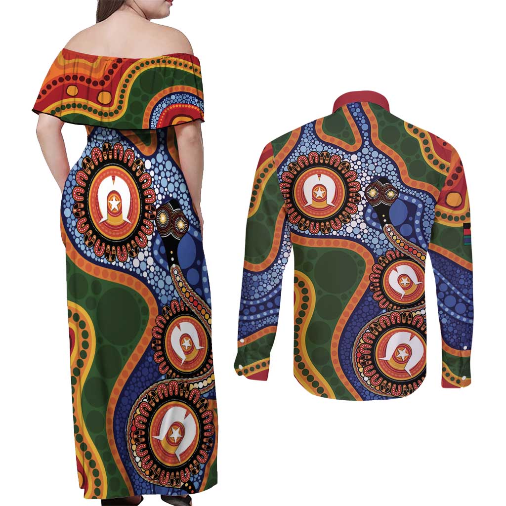 Australia NAIDOC Week 2026 Couples Matching Off Shoulder Maxi Dress and Long Sleeve Button Shirt 50 Years of Deadly Dhari Snake Aboriginal Art