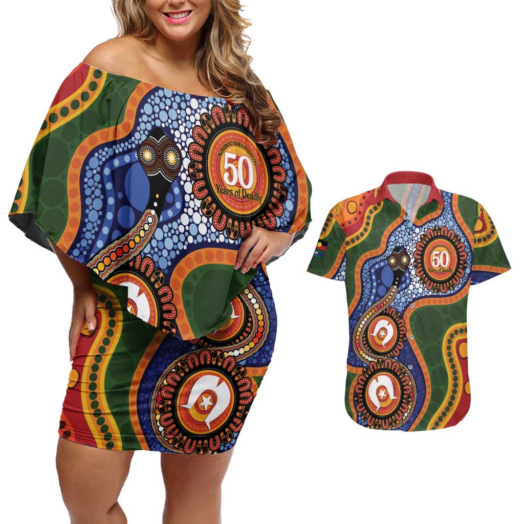 Australia NAIDOC Week 2026 Couples Matching Off Shoulder Short Dress and Hawaiian Shirt 50 Years of Deadly Dhari Snake Aboriginal Art