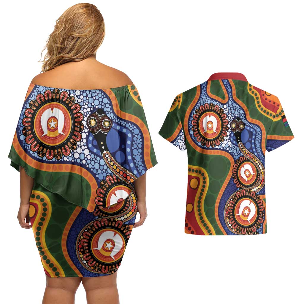 Australia NAIDOC Week 2026 Couples Matching Off Shoulder Short Dress and Hawaiian Shirt 50 Years of Deadly Dhari Snake Aboriginal Art