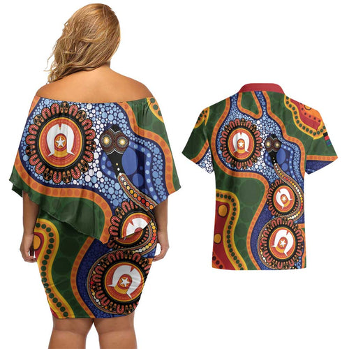 Australia NAIDOC Week 2026 Couples Matching Off Shoulder Short Dress and Hawaiian Shirt 50 Years of Deadly Dhari Snake Aboriginal Art