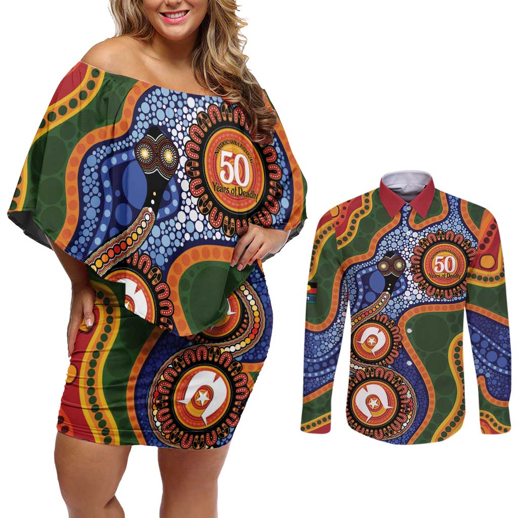 Australia NAIDOC Week 2026 Couples Matching Off Shoulder Short Dress and Long Sleeve Button Shirt 50 Years of Deadly Dhari Snake Aboriginal Art