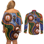 Australia NAIDOC Week 2026 Couples Matching Off Shoulder Short Dress and Long Sleeve Button Shirt 50 Years of Deadly Dhari Snake Aboriginal Art