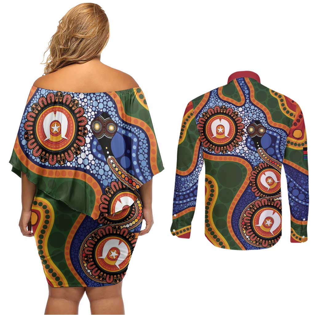Australia NAIDOC Week 2026 Couples Matching Off Shoulder Short Dress and Long Sleeve Button Shirt 50 Years of Deadly Dhari Snake Aboriginal Art