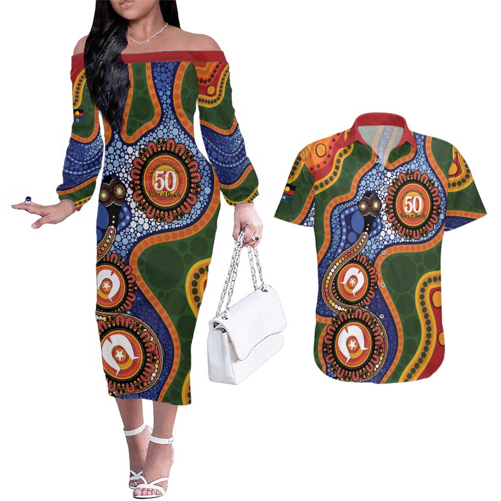 Australia NAIDOC Week 2026 Couples Matching Off The Shoulder Long Sleeve Dress and Hawaiian Shirt 50 Years of Deadly Dhari Snake Aboriginal Art