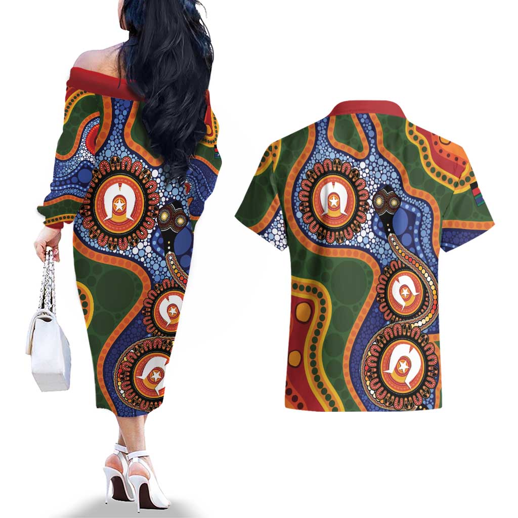 Australia NAIDOC Week 2026 Couples Matching Off The Shoulder Long Sleeve Dress and Hawaiian Shirt 50 Years of Deadly Dhari Snake Aboriginal Art