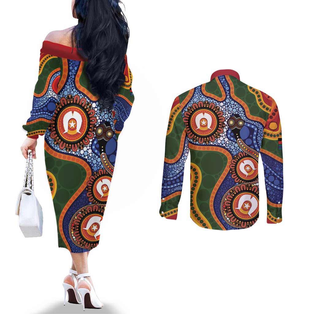 Australia NAIDOC Week 2026 Couples Matching Off The Shoulder Long Sleeve Dress and Long Sleeve Button Shirt 50 Years of Deadly Dhari Snake Aboriginal Art