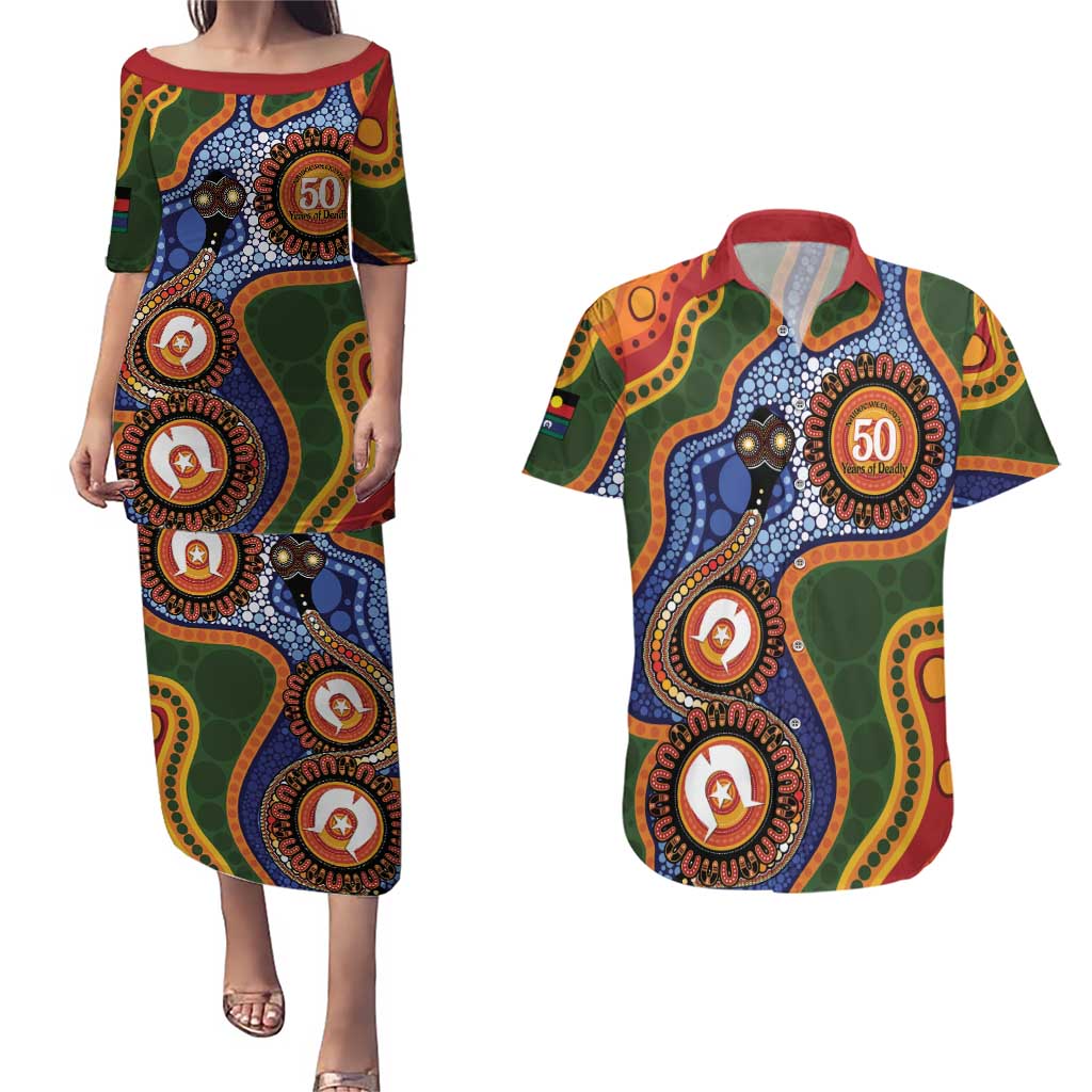Australia NAIDOC Week 2026 Couples Matching Puletasi and Hawaiian Shirt 50 Years of Deadly Dhari Snake Aboriginal Art