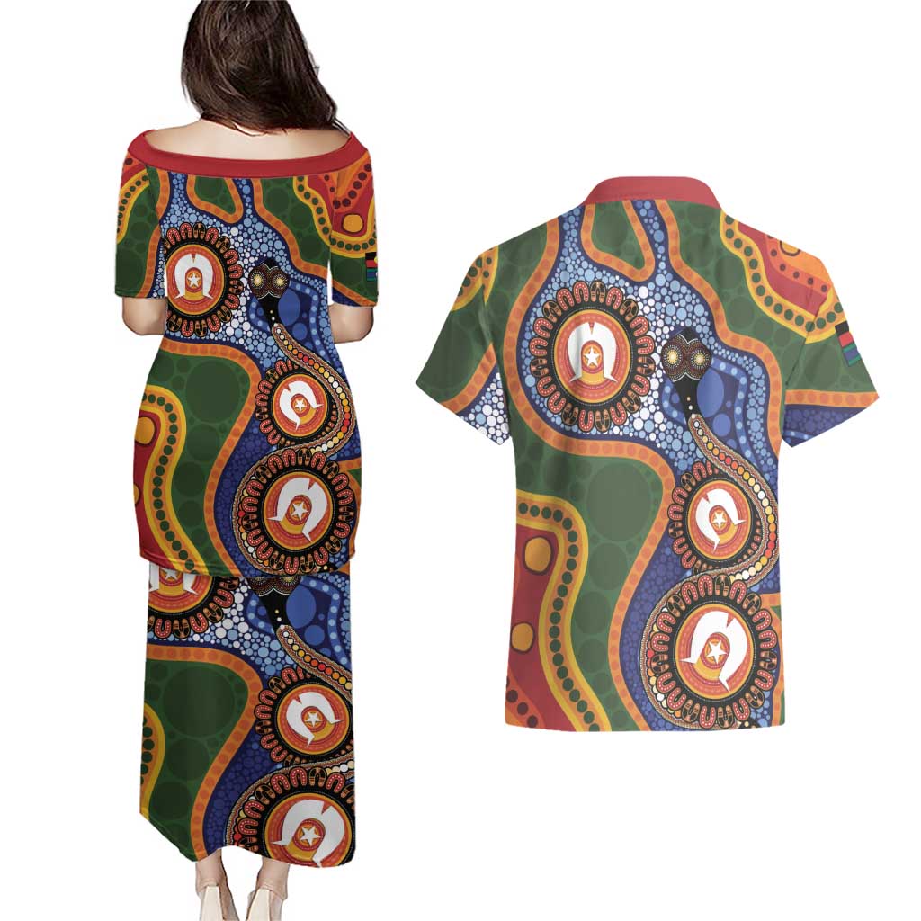 Australia NAIDOC Week 2026 Couples Matching Puletasi and Hawaiian Shirt 50 Years of Deadly Dhari Snake Aboriginal Art
