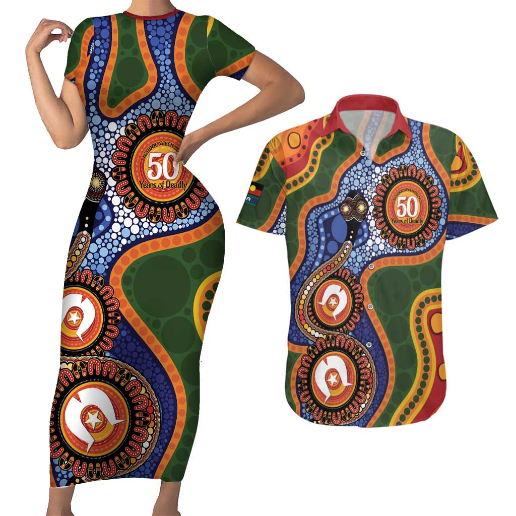 Australia NAIDOC Week 2026 Couples Matching Short Sleeve Bodycon Dress and Hawaiian Shirt 50 Years of Deadly Dhari Snake Aboriginal Art