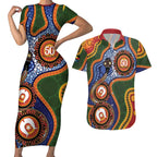 Australia NAIDOC Week 2026 Couples Matching Short Sleeve Bodycon Dress and Hawaiian Shirt 50 Years of Deadly Dhari Snake Aboriginal Art