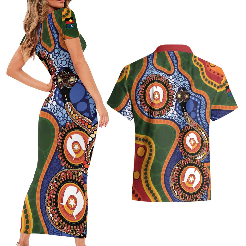 Australia NAIDOC Week 2026 Couples Matching Short Sleeve Bodycon Dress and Hawaiian Shirt 50 Years of Deadly Dhari Snake Aboriginal Art