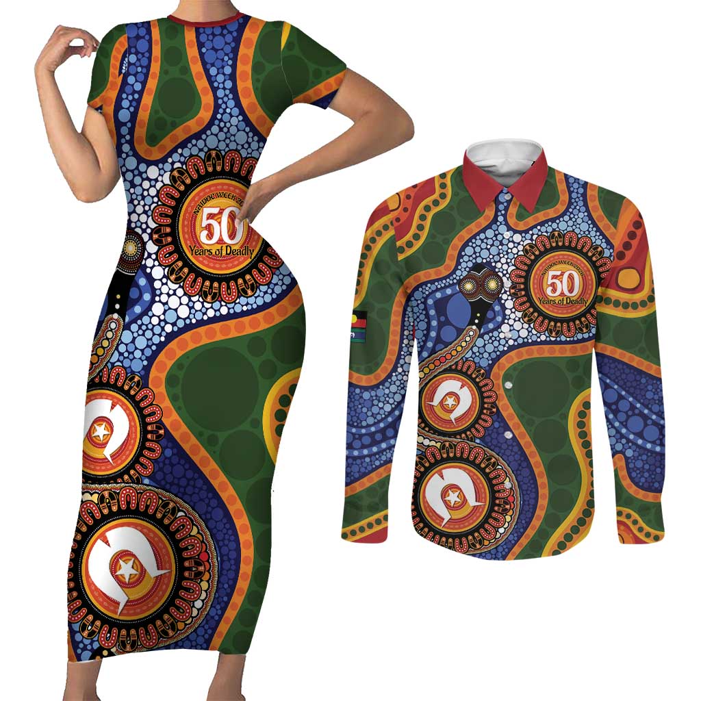 Australia NAIDOC Week 2026 Couples Matching Short Sleeve Bodycon Dress and Long Sleeve Button Shirt 50 Years of Deadly Dhari Snake Aboriginal Art