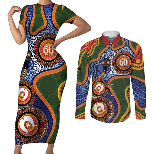 Australia NAIDOC Week 2026 Couples Matching Short Sleeve Bodycon Dress and Long Sleeve Button Shirt 50 Years of Deadly Dhari Snake Aboriginal Art