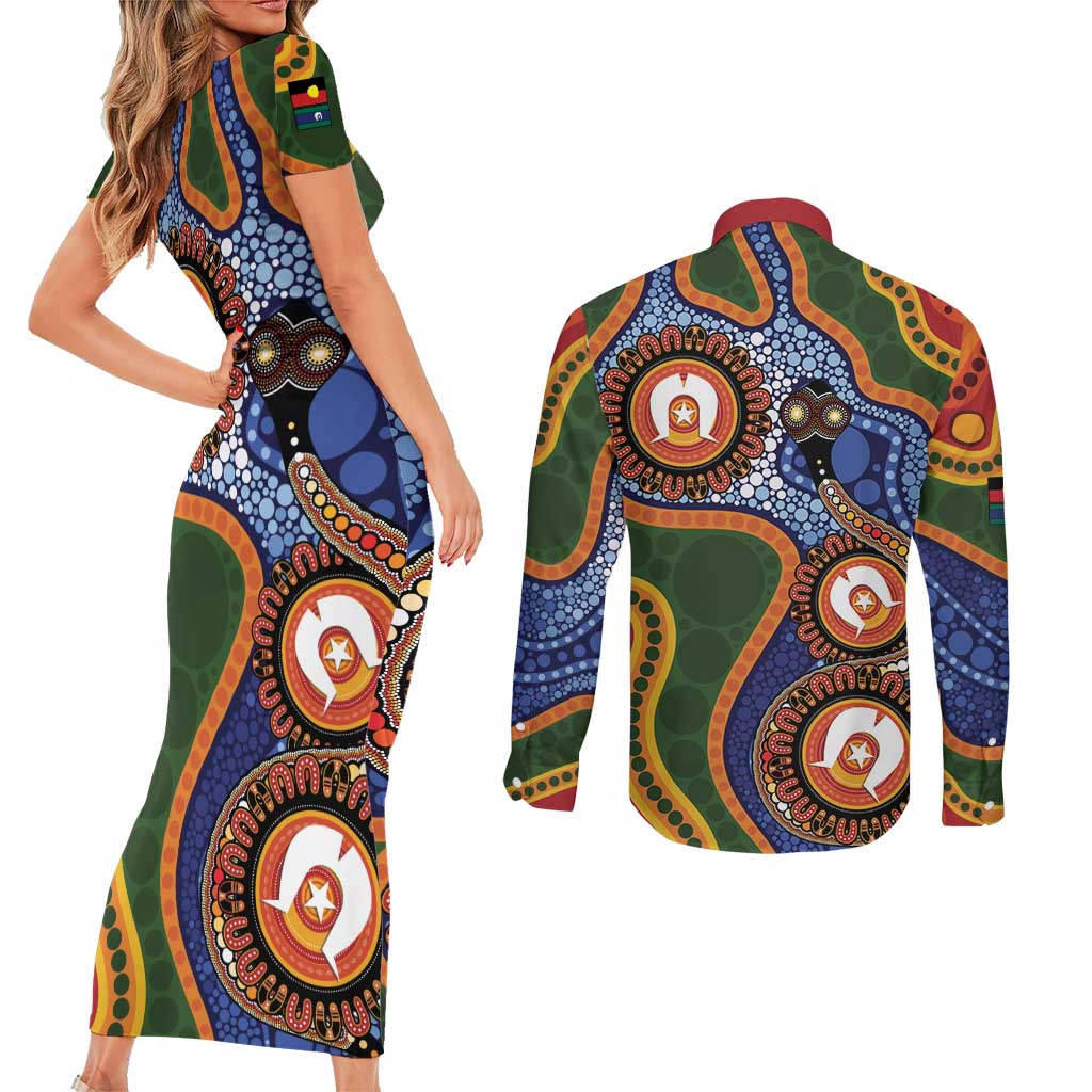 Australia NAIDOC Week 2026 Couples Matching Short Sleeve Bodycon Dress and Long Sleeve Button Shirt 50 Years of Deadly Dhari Snake Aboriginal Art