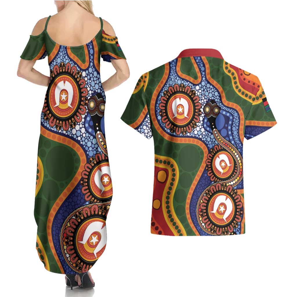 Australia NAIDOC Week 2026 Couples Matching Summer Maxi Dress and Hawaiian Shirt 50 Years of Deadly Dhari Snake Aboriginal Art