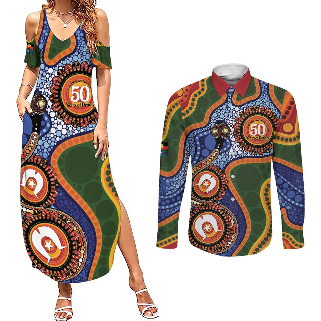 Australia NAIDOC Week 2026 Couples Matching Summer Maxi Dress and Long Sleeve Button Shirt 50 Years of Deadly Dhari Snake Aboriginal Art