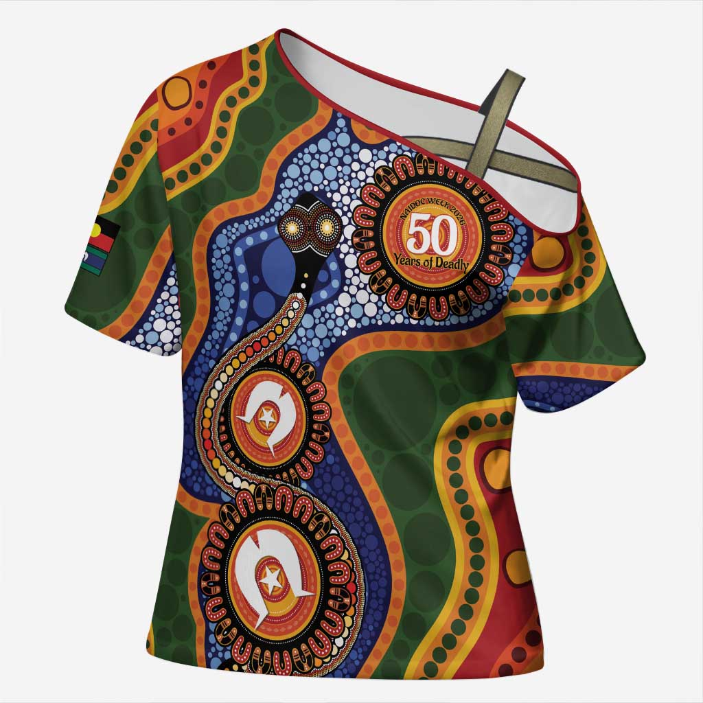Australia NAIDOC Week 2026 Cross Shoulder Shirt 50 Years of Deadly Dhari Snake Aboriginal Art