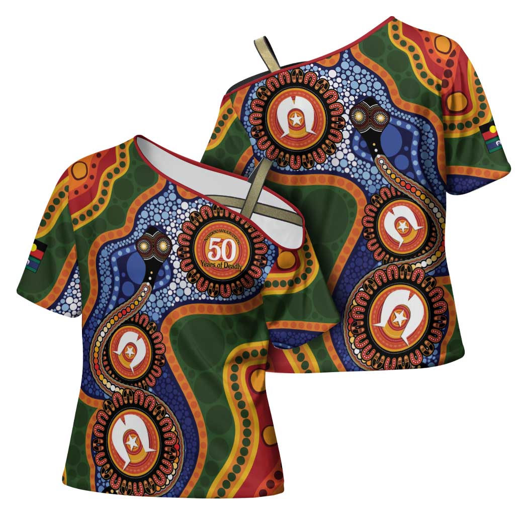 Australia NAIDOC Week 2026 Cross Shoulder Shirt 50 Years of Deadly Dhari Snake Aboriginal Art