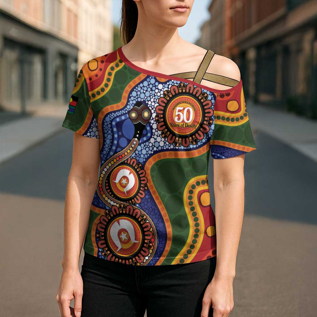 Australia NAIDOC Week 2026 Cross Shoulder Shirt 50 Years of Deadly Dhari Snake Aboriginal Art