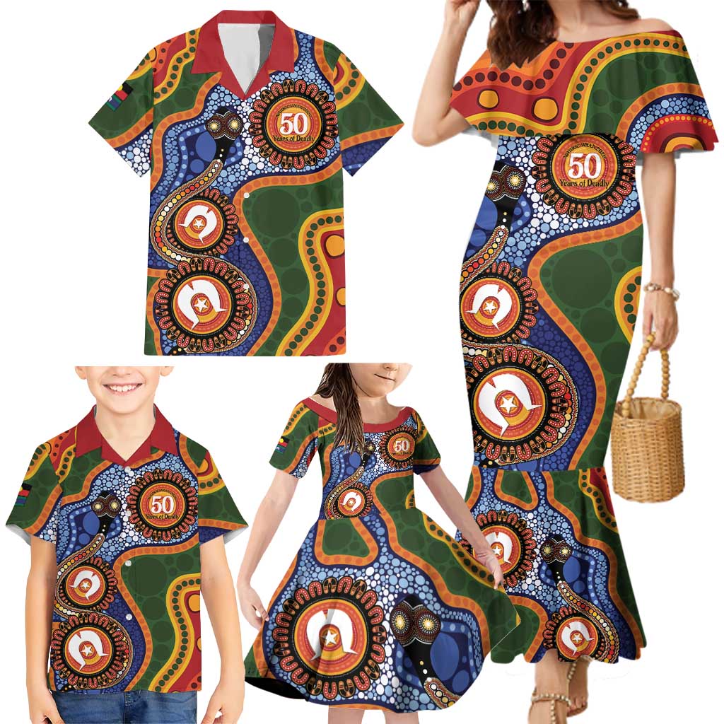 Australia NAIDOC Week 2026 Family Matching Mermaid Dress and Hawaiian Shirt 50 Years of Deadly Dhari Snake Aboriginal Art