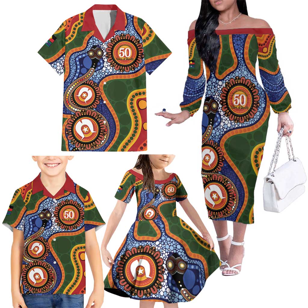 Australia NAIDOC Week 2026 Family Matching Off The Shoulder Long Sleeve Dress and Hawaiian Shirt 50 Years of Deadly Dhari Snake Aboriginal Art