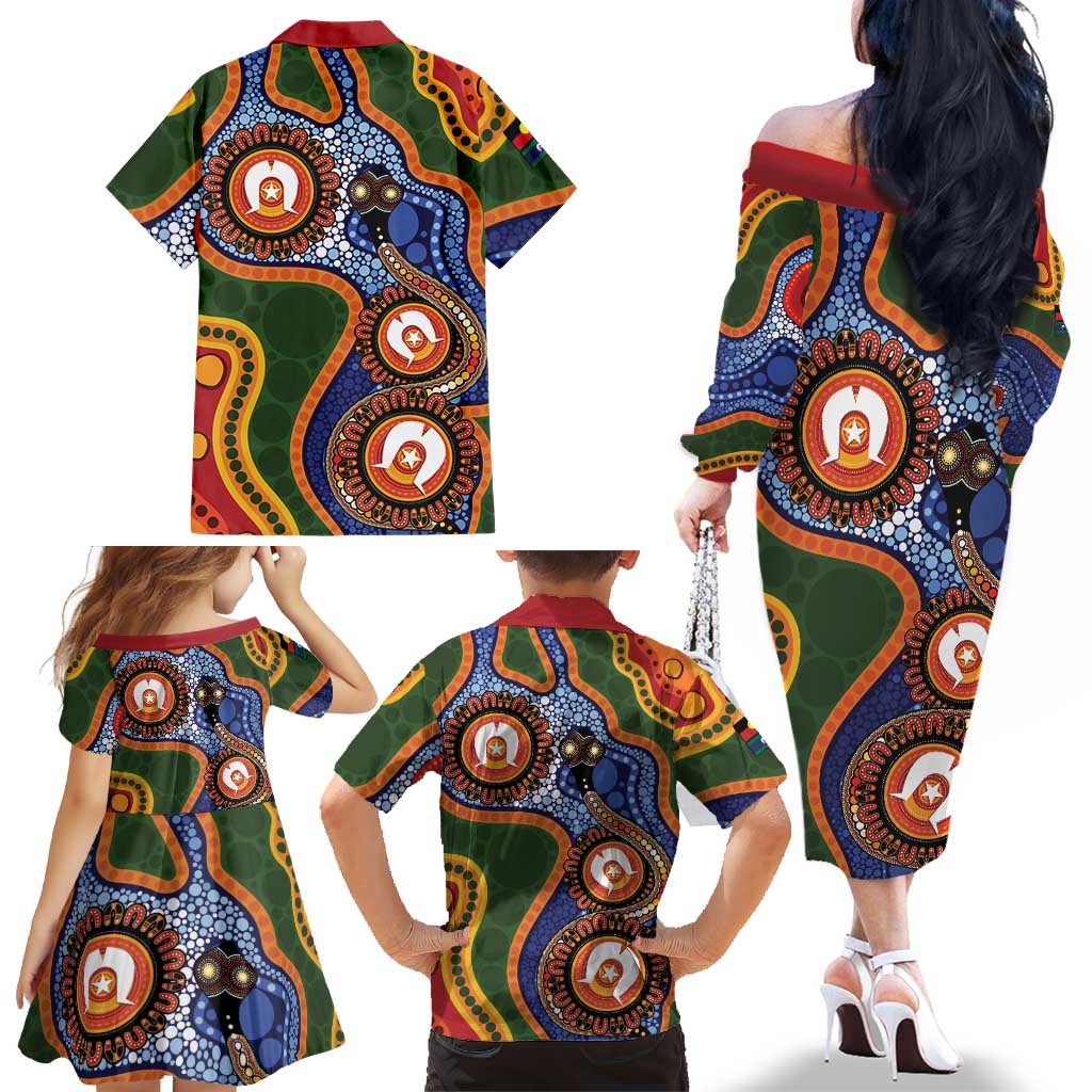 Australia NAIDOC Week 2026 Family Matching Off The Shoulder Long Sleeve Dress and Hawaiian Shirt 50 Years of Deadly Dhari Snake Aboriginal Art