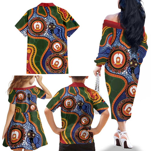 Australia NAIDOC Week 2026 Family Matching Off The Shoulder Long Sleeve Dress and Hawaiian Shirt 50 Years of Deadly Dhari Snake Aboriginal Art