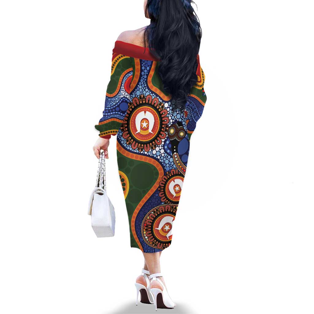 Australia NAIDOC Week 2026 Family Matching Off The Shoulder Long Sleeve Dress and Hawaiian Shirt 50 Years of Deadly Dhari Snake Aboriginal Art