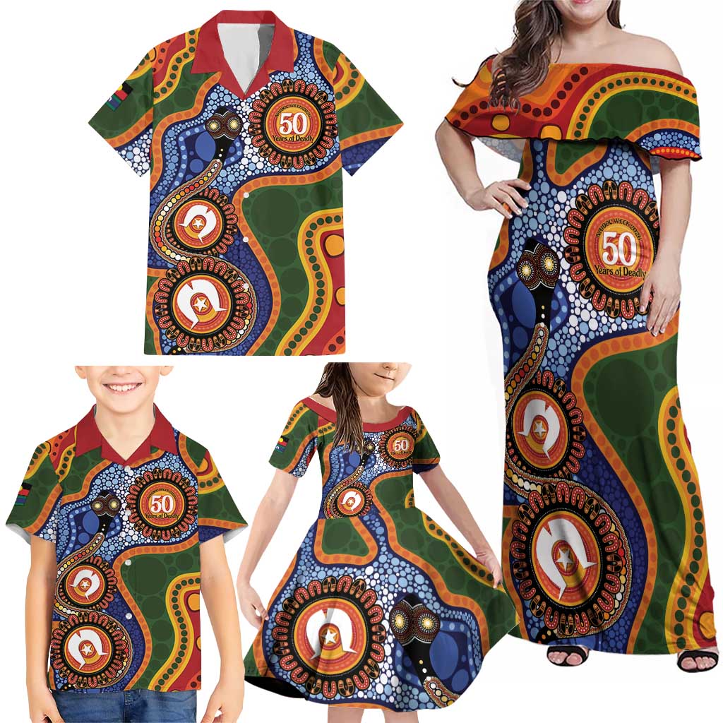 Australia NAIDOC Week 2026 Family Matching Off Shoulder Maxi Dress and Hawaiian Shirt 50 Years of Deadly Dhari Snake Aboriginal Art