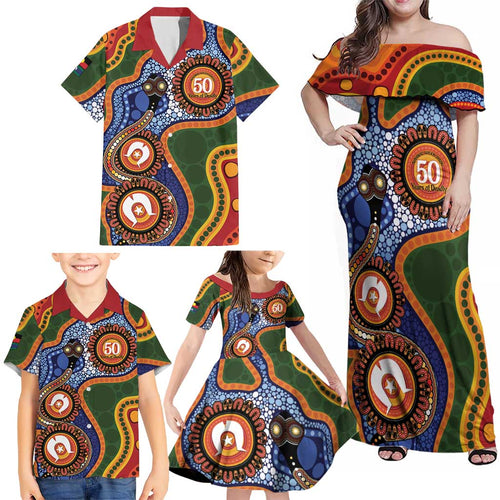 Australia NAIDOC Week 2026 Family Matching Off Shoulder Maxi Dress and Hawaiian Shirt 50 Years of Deadly Dhari Snake Aboriginal Art
