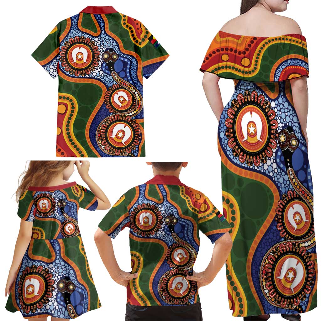 Australia NAIDOC Week 2026 Family Matching Off Shoulder Maxi Dress and Hawaiian Shirt 50 Years of Deadly Dhari Snake Aboriginal Art