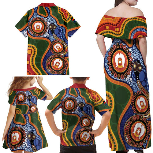 Australia NAIDOC Week 2026 Family Matching Off Shoulder Maxi Dress and Hawaiian Shirt 50 Years of Deadly Dhari Snake Aboriginal Art