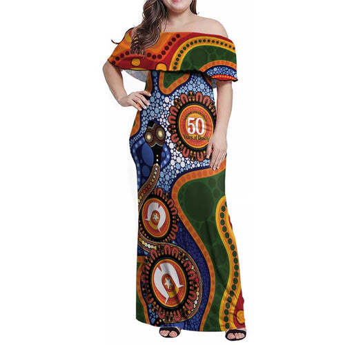 Australia NAIDOC Week 2026 Family Matching Off Shoulder Maxi Dress and Hawaiian Shirt 50 Years of Deadly Dhari Snake Aboriginal Art