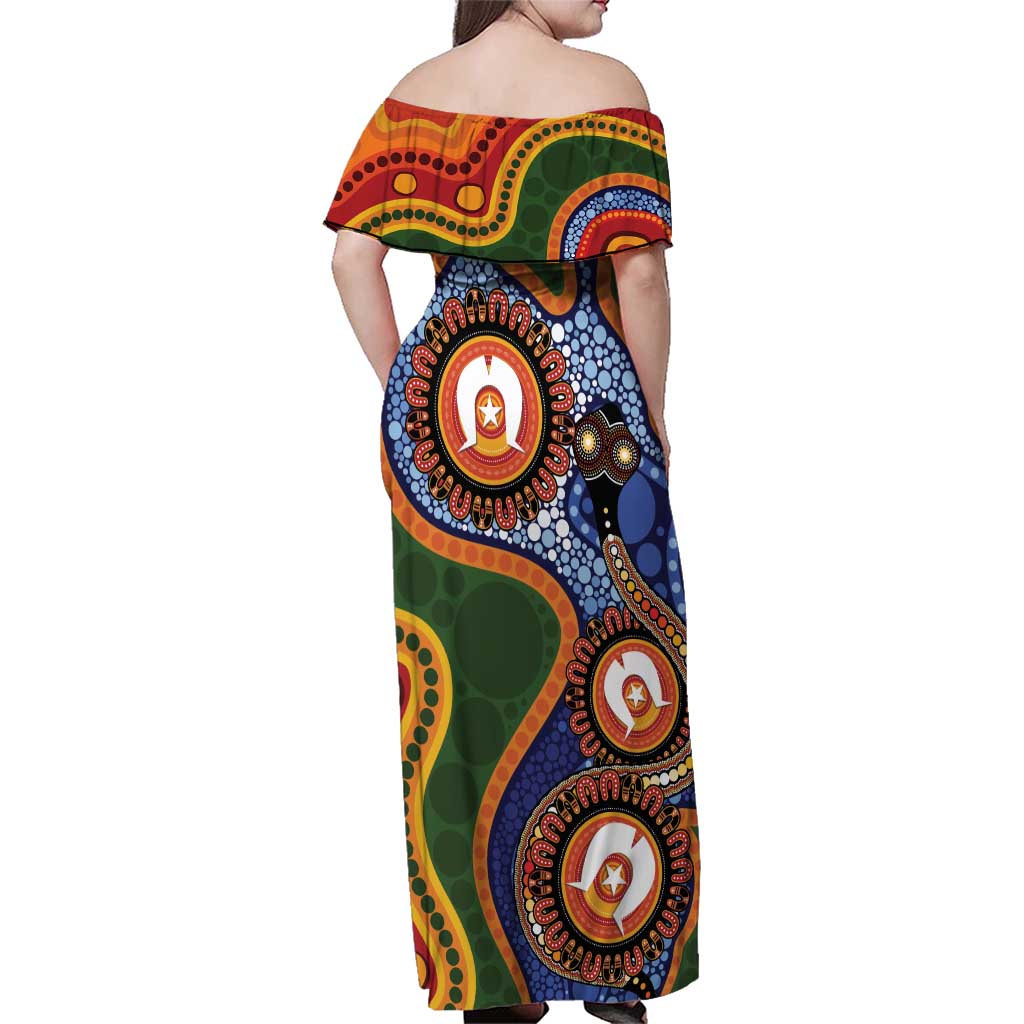 Australia NAIDOC Week 2026 Family Matching Off Shoulder Maxi Dress and Hawaiian Shirt 50 Years of Deadly Dhari Snake Aboriginal Art