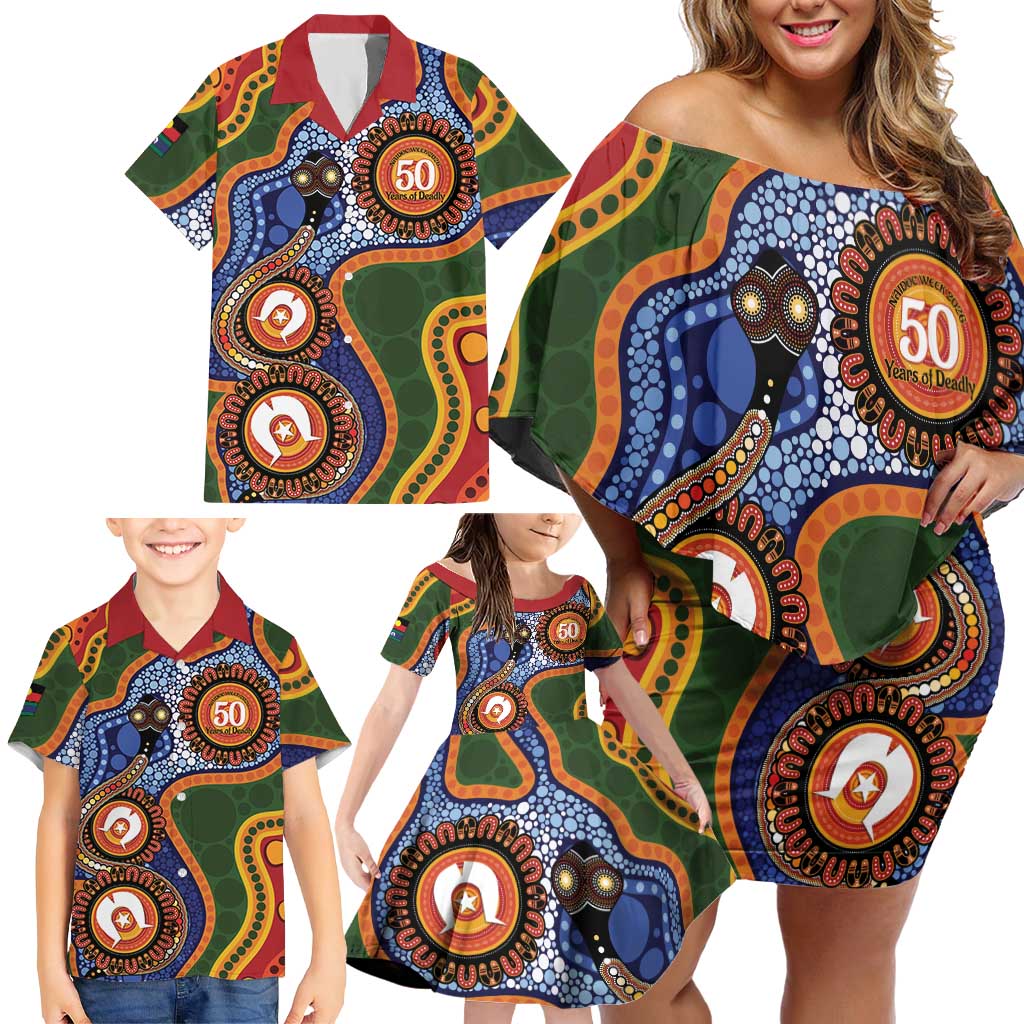 Australia NAIDOC Week 2026 Family Matching Off Shoulder Short Dress and Hawaiian Shirt 50 Years of Deadly Dhari Snake Aboriginal Art