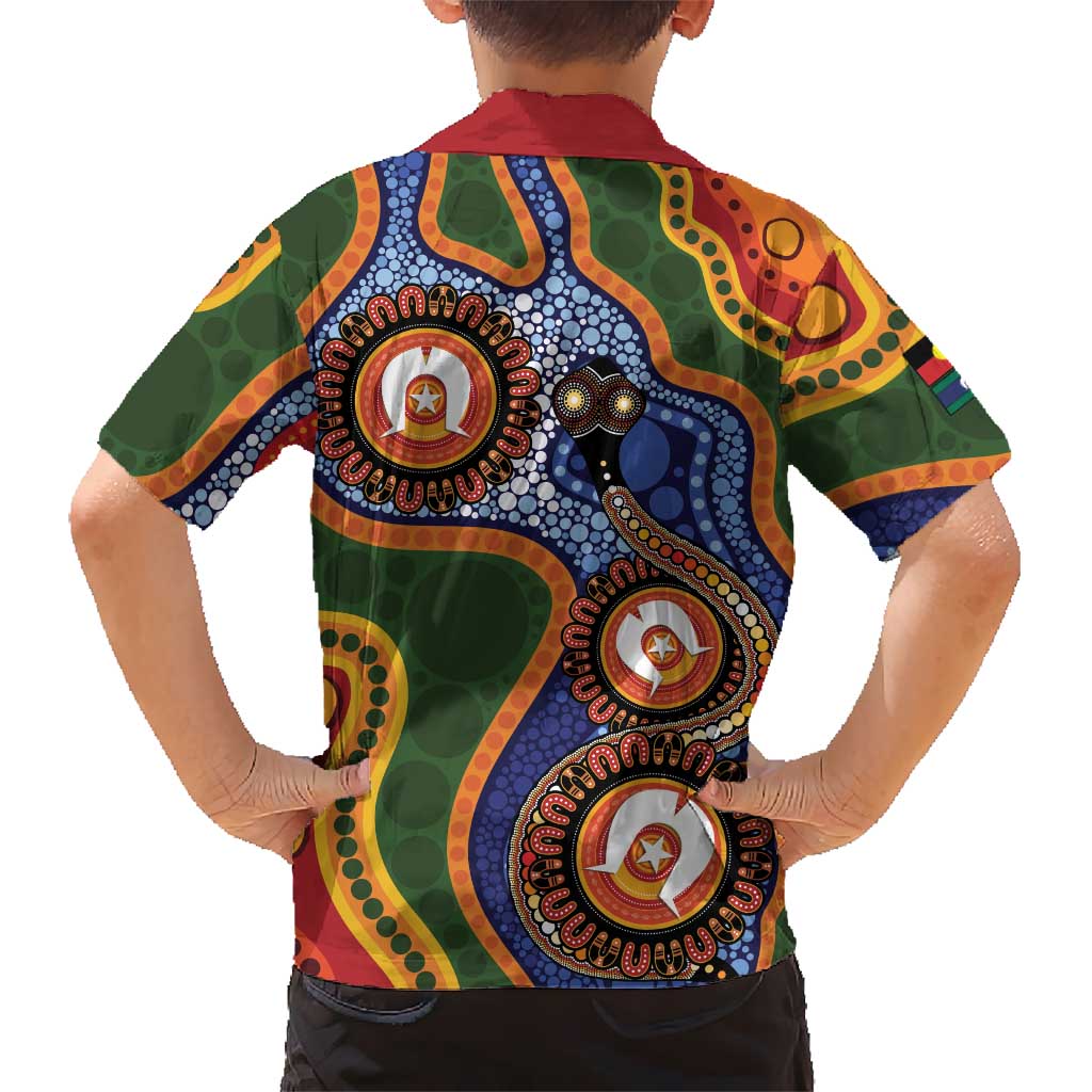 Australia NAIDOC Week 2026 Family Matching Off Shoulder Short Dress and Hawaiian Shirt 50 Years of Deadly Dhari Snake Aboriginal Art