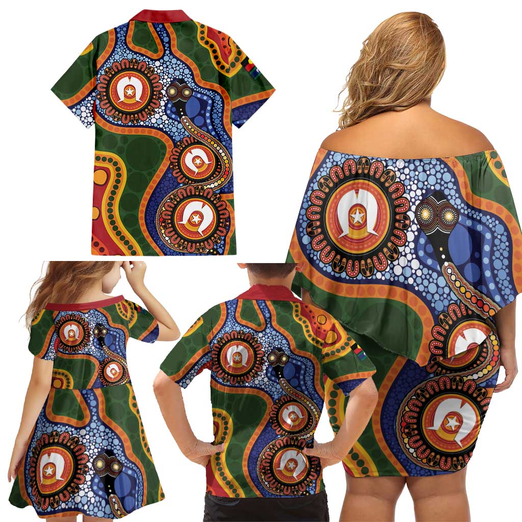Australia NAIDOC Week 2026 Family Matching Off Shoulder Short Dress and Hawaiian Shirt 50 Years of Deadly Dhari Snake Aboriginal Art