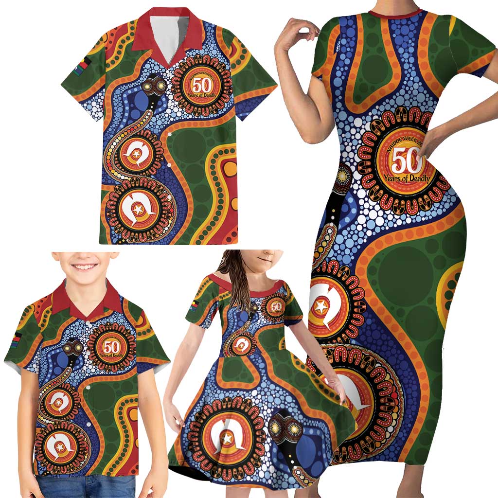Australia NAIDOC Week 2026 Family Matching Short Sleeve Bodycon Dress and Hawaiian Shirt 50 Years of Deadly Dhari Snake Aboriginal Art