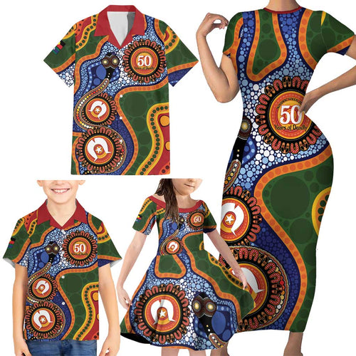 Australia NAIDOC Week 2026 Family Matching Short Sleeve Bodycon Dress and Hawaiian Shirt 50 Years of Deadly Dhari Snake Aboriginal Art