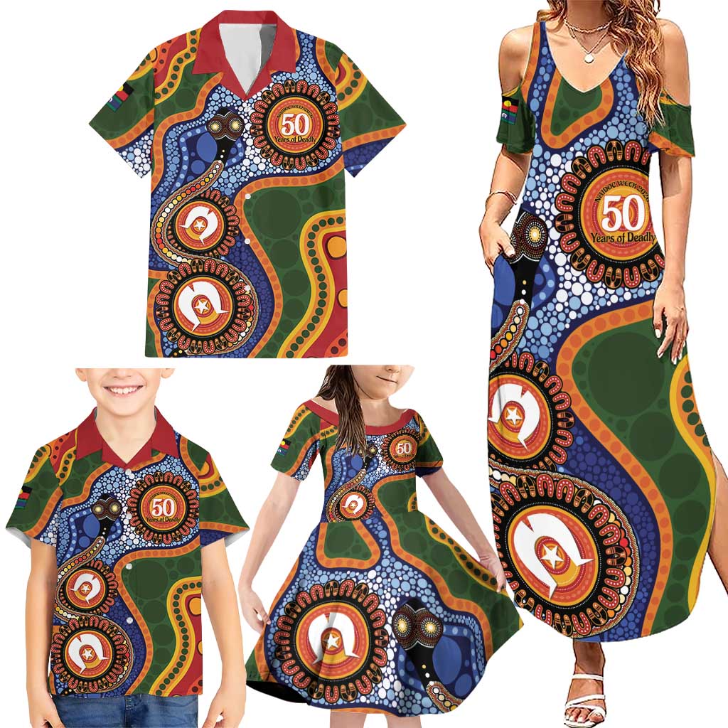 Australia NAIDOC Week 2026 Family Matching Summer Maxi Dress and Hawaiian Shirt 50 Years of Deadly Dhari Snake Aboriginal Art