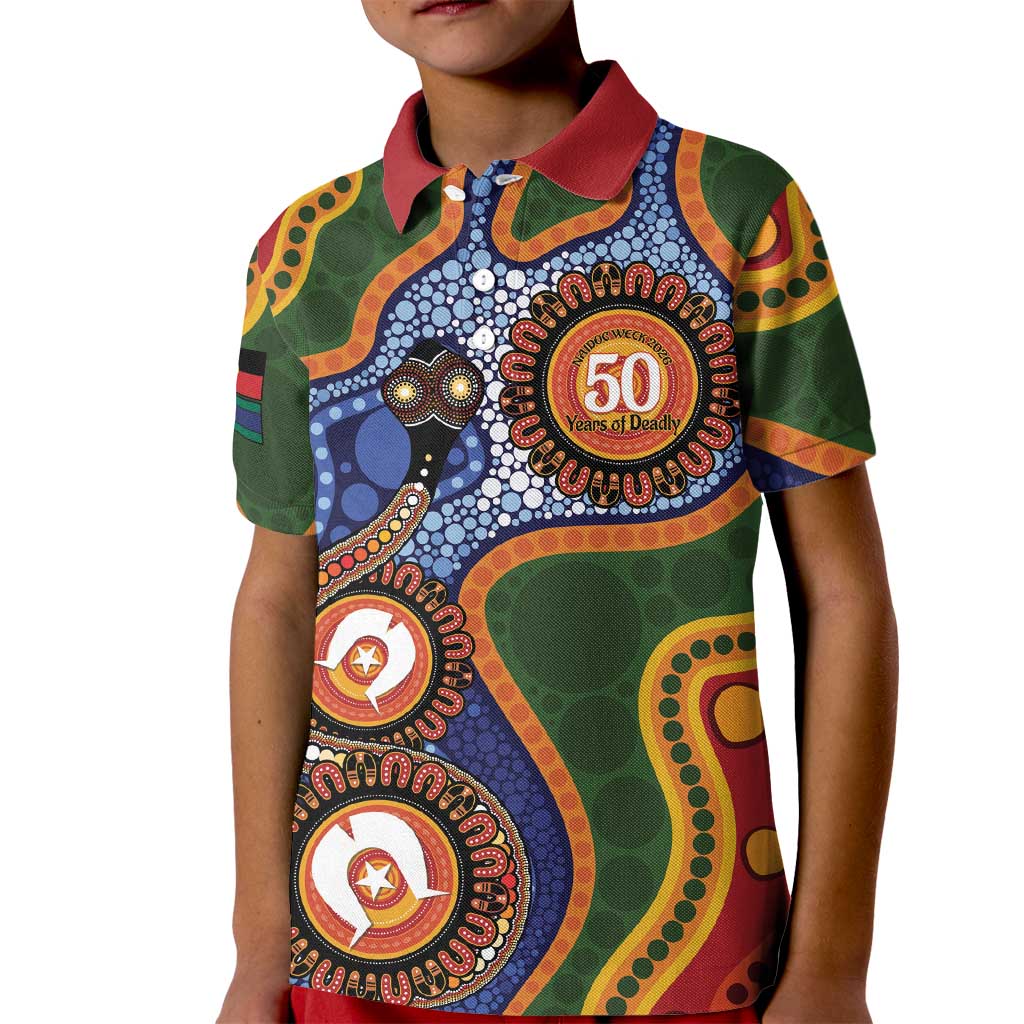 Australia NAIDOC Week 2026 Kid Polo Shirt 50 Years of Deadly Dhari Snake Aboriginal Art