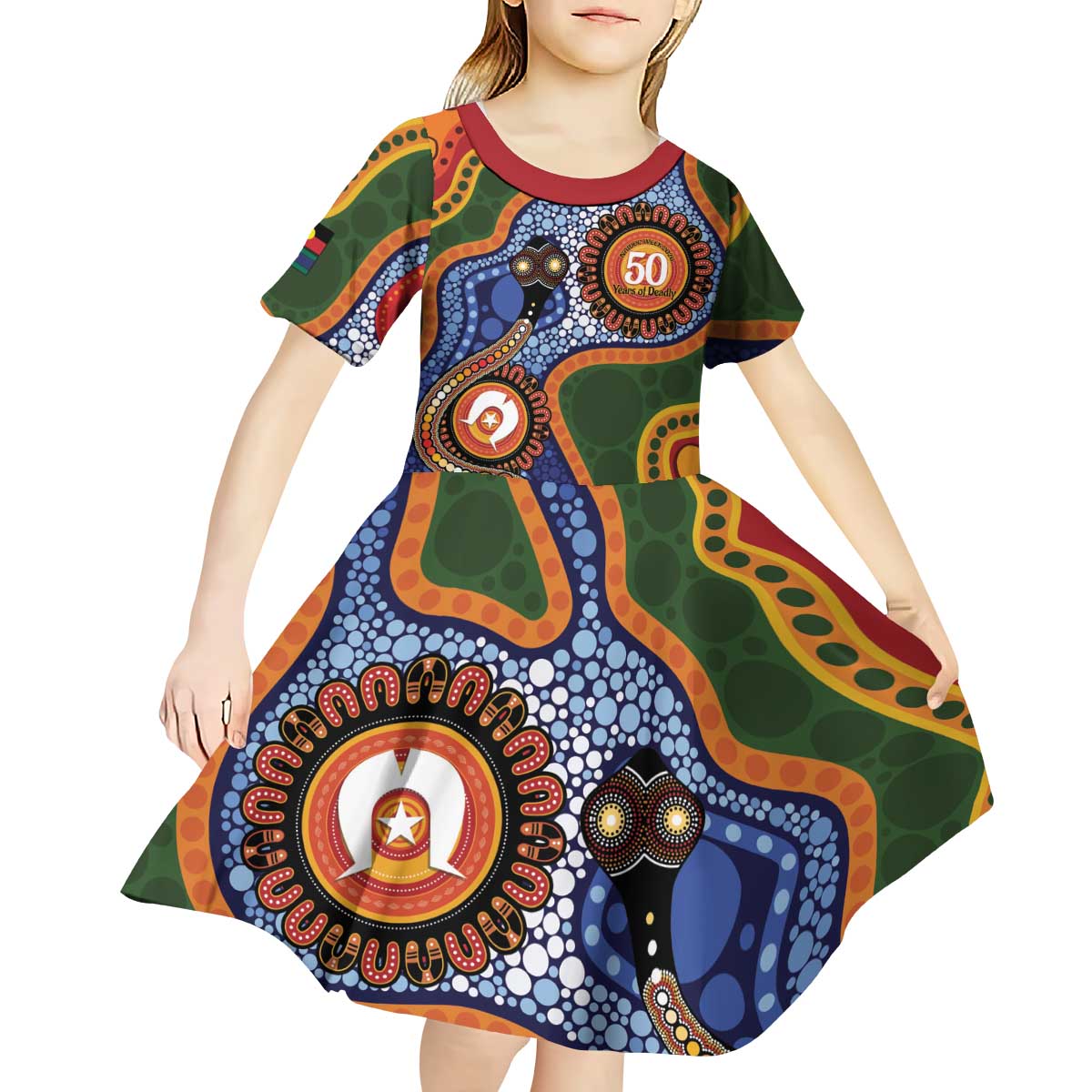 Australia NAIDOC Week 2026 Kid Short Sleeve Dress 50 Years of Deadly Dhari Snake Aboriginal Art