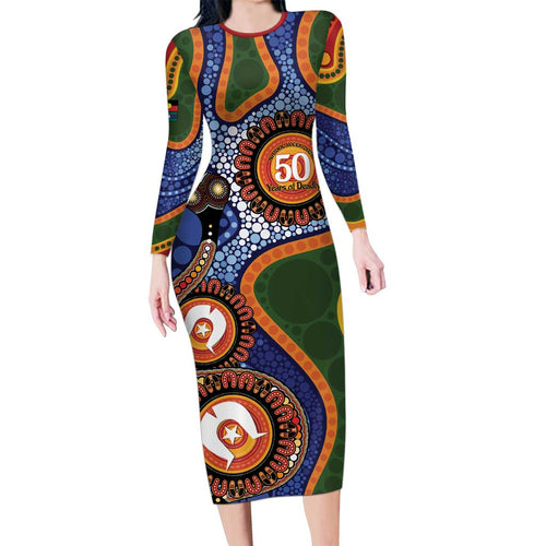 Australia NAIDOC Week 2026 Long Sleeve Bodycon Dress 50 Years of Deadly Dhari Snake Aboriginal Art
