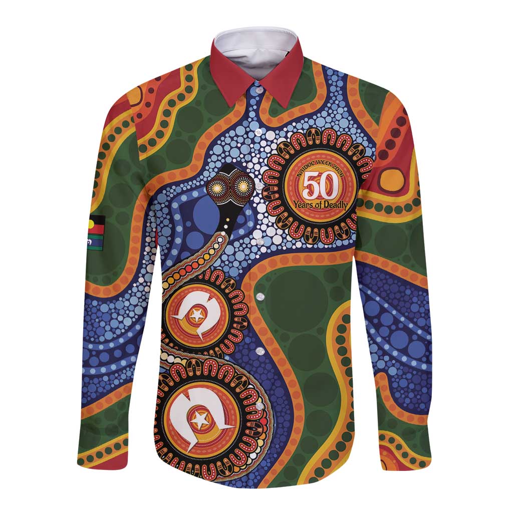 Australia NAIDOC Week 2026 Long Sleeve Button Shirt 50 Years of Deadly Dhari Snake Aboriginal Art
